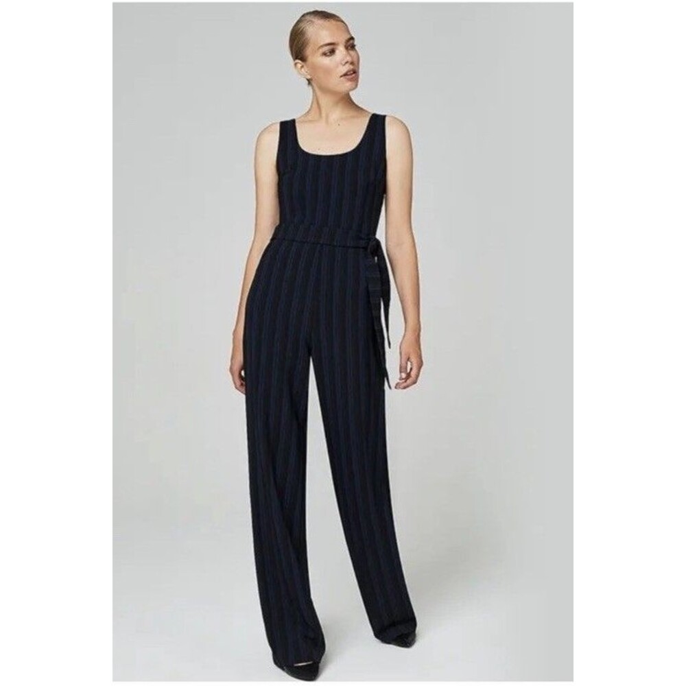 Karl Lagerfeld Paris Wide Leg Sleeveless Jumpsuit Size 14 Black Navy Blue Stripe